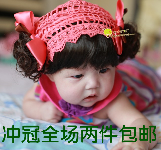 新款l欧美日韩婴儿童蕾丝假发发带头饰宝宝女童发饰头花满月周岁