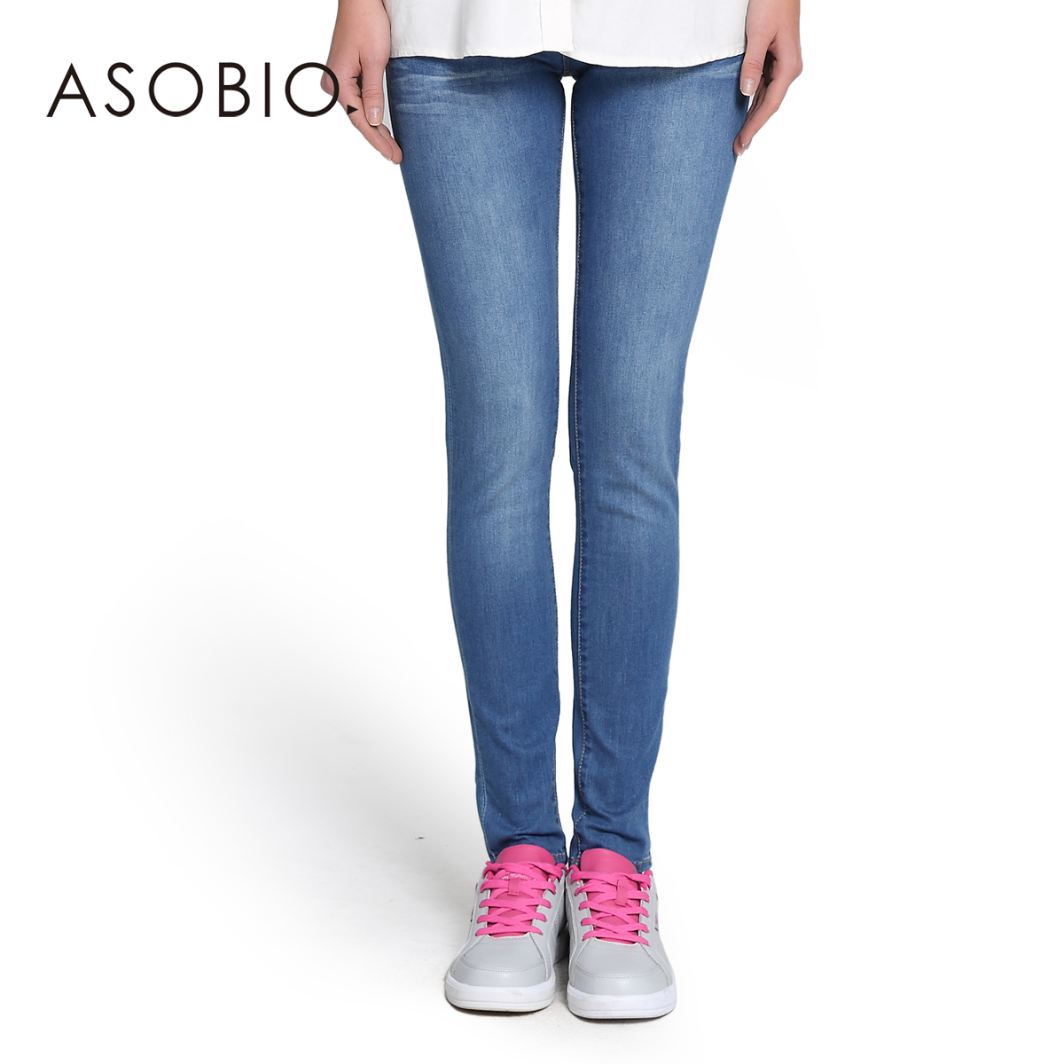 ASOBIO 2014春季新款女装 欧美时尚水洗磨白修身牛仔裤4313632227