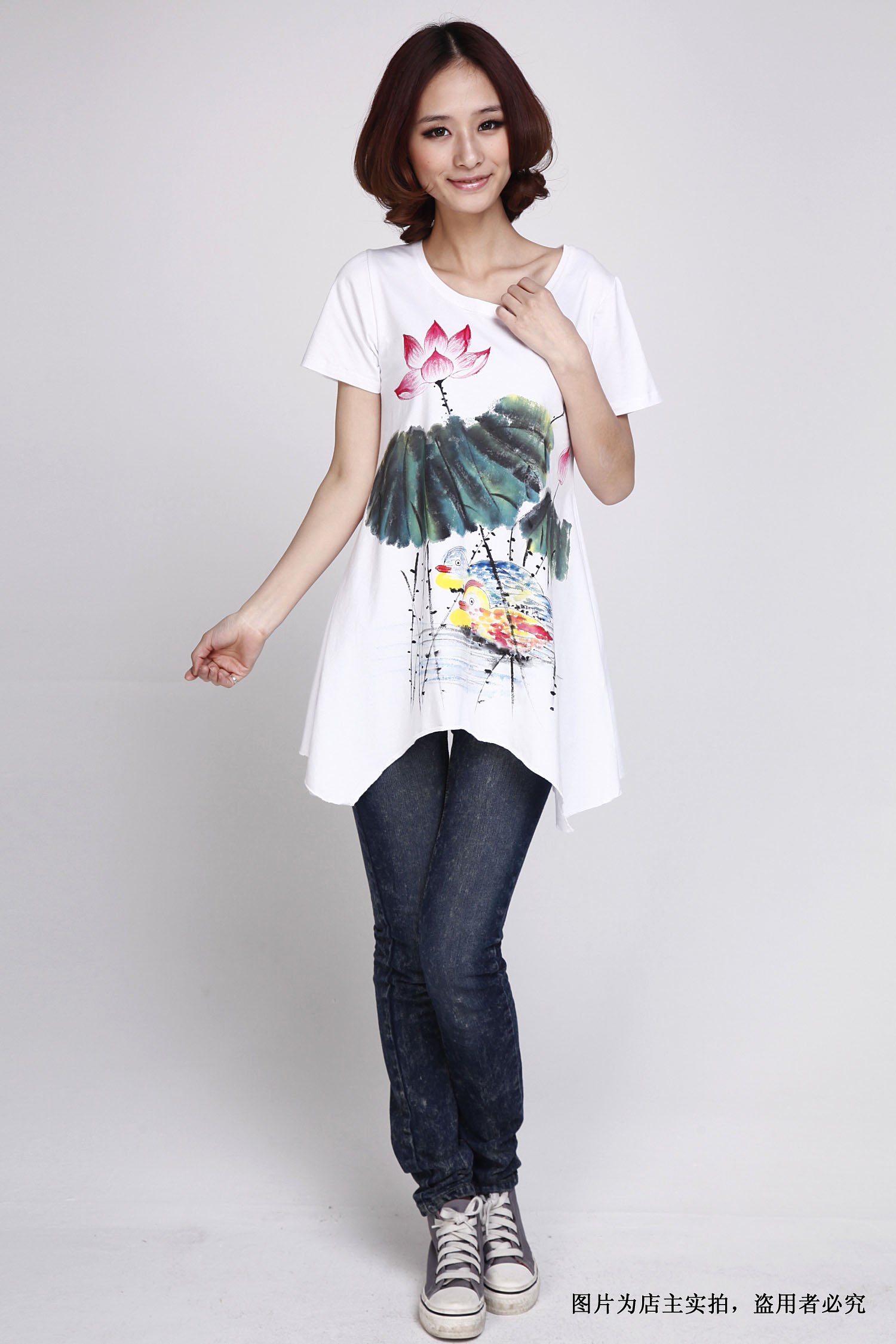 依恋2013夏装新款纯棉女士修身半袖上衣手绘不规则下摆长款T恤