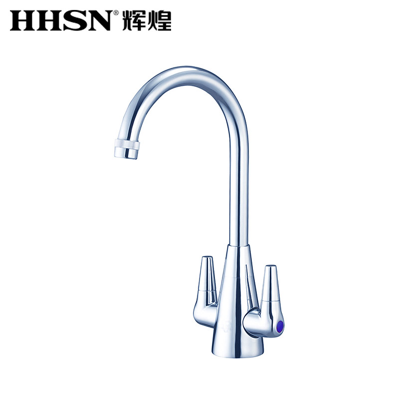 HHSN/辉煌水暖 全铜单孔双把菜盆龙头 可旋转厨房水槽龙头