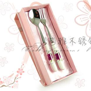 韩式骨瓷不锈钢匙叉2件套小号高档陶瓷柄餐具 精美礼盒装