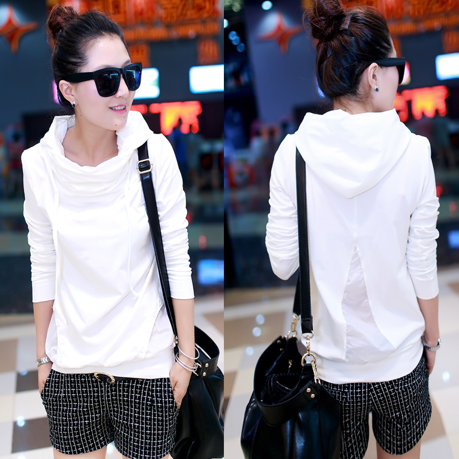 韩版少女装秋装新款白色带帽休闲套头卫衣女纯棉短款长袖T恤上衣