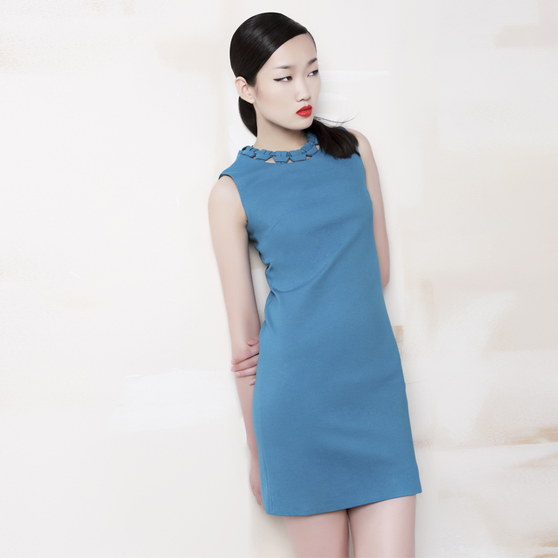 chi'k设计师品牌 包邮2014夏新款领口镂空编花修身小礼服式连衣裙