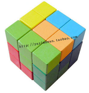 索玛立方体木质魔方拼图 古典木制益智积木玩具 彩色七粒立方体