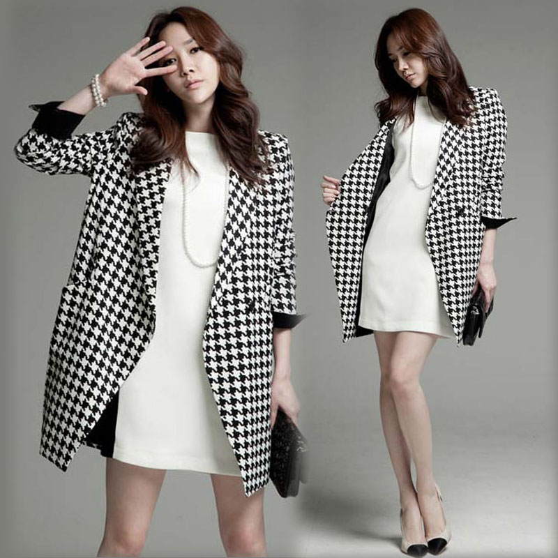 韩版2015春装新款千鸟格职业装OL气质时尚女人西装领长款风衣外套