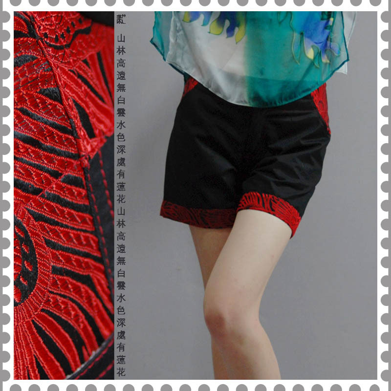 深莲 春夏原创设计 新古典羊毛黑红色华丽织锦雀羽热裤短裤-包邮