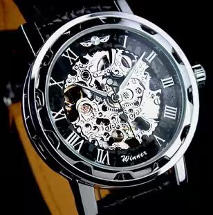 winner经典男士黑色皮革手表时尚镂空瑞士设计全自动机械表防水