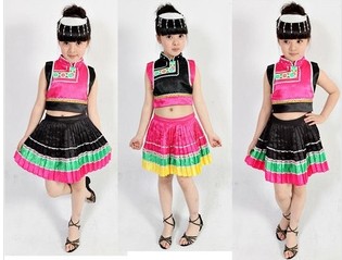 云南少数民族壮族佤族彝族瑶族苗族舞蹈演出服装/女儿童表演服饰