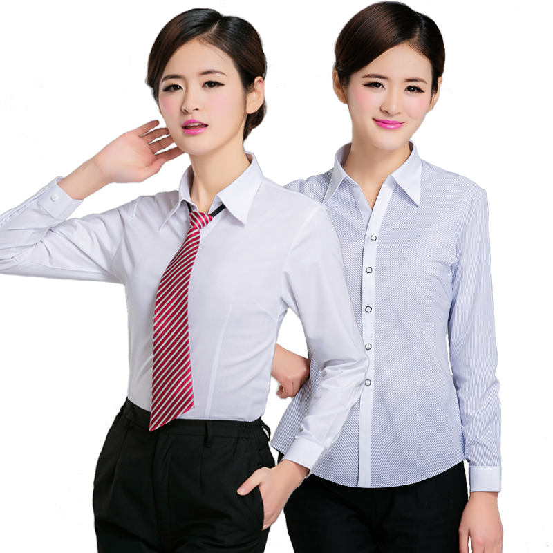 女装条纹职业长袖衬衫 女士韩版修身白色OL工装大码职业装衬衣女