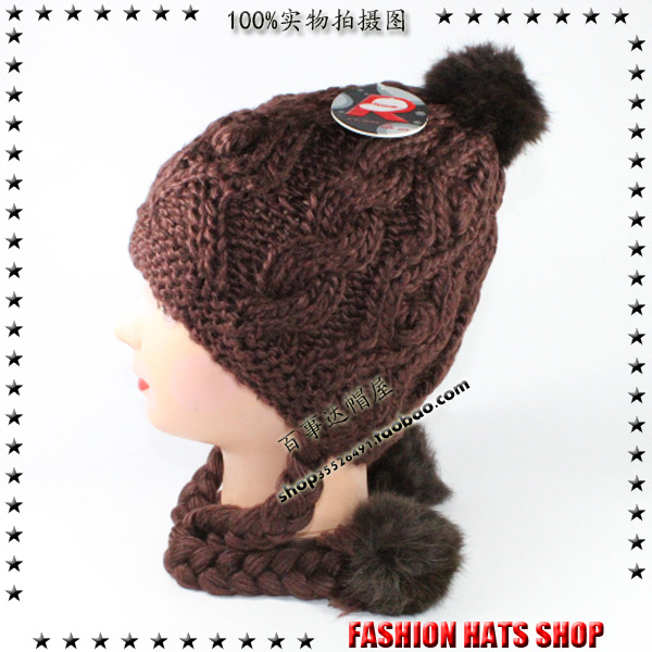 秋冬高级韩版帽 女装毛线帽 兔毛球球加厚套头保暖冬帽 女帽子