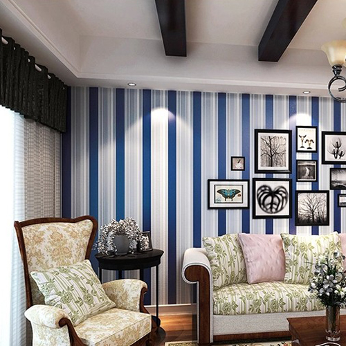 蓝色条纹无纺布墙纸 简约竖条卧室背景 客厅地中海温馨儿童房