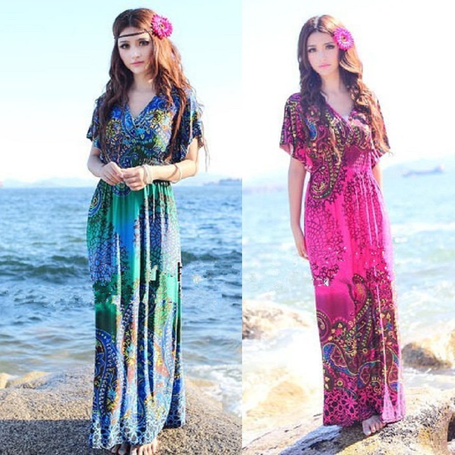 2015夏季西米亚长裙大码女装性感v领高腰显瘦海边沙滩印花连衣裙