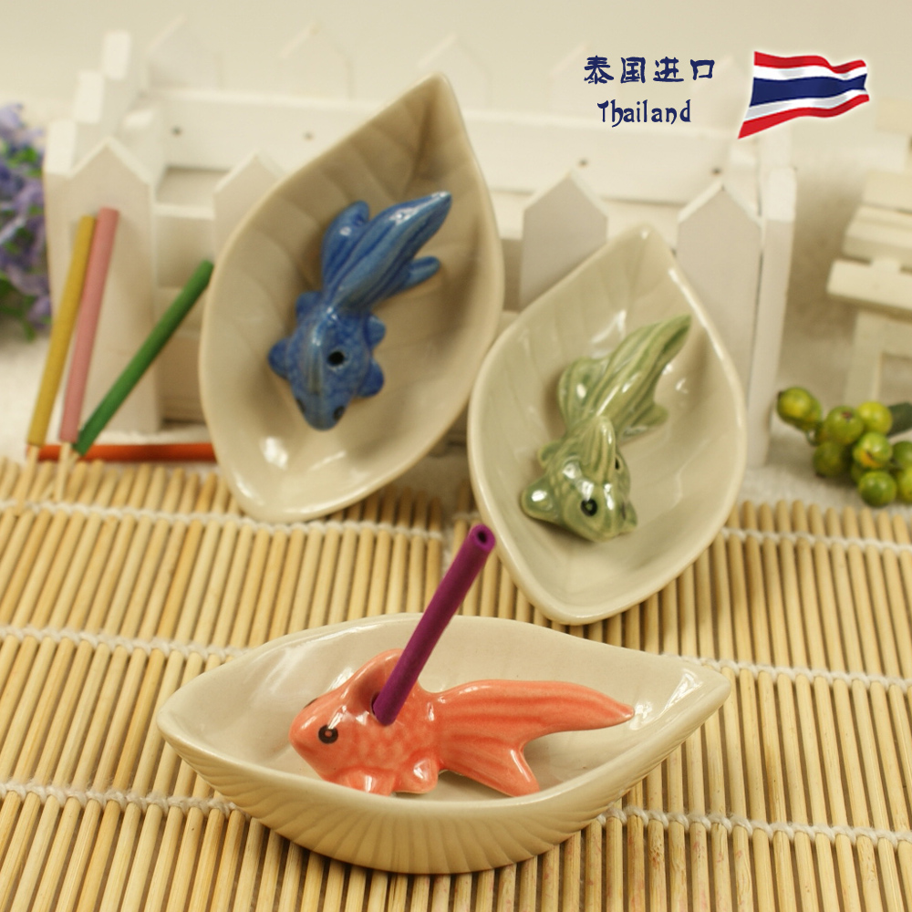 泰国进口 封釉陶瓷灵动金鱼造型线香座 线香插 香盘