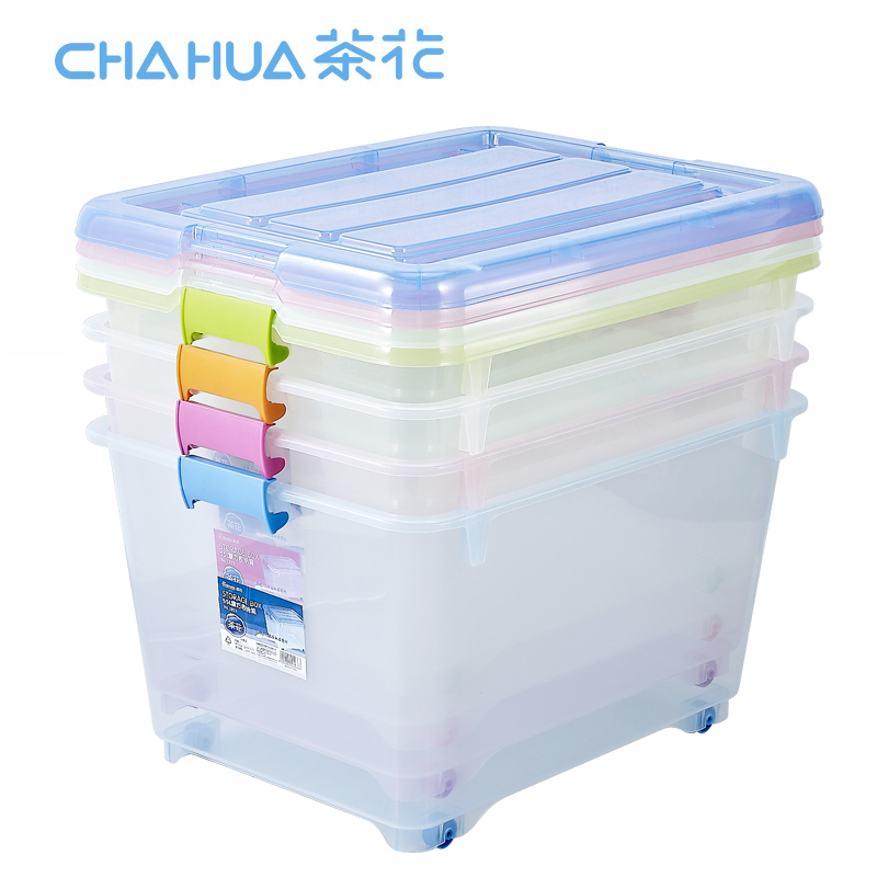 茶花大号塑料收纳箱整理箱子储物箱衣物储藏盒透明带盖有滑轮2825