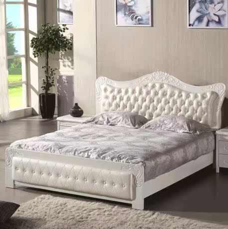 欧式实木床双人床 白色家具简约软靠真皮床1.8米婚床橡木床高箱床