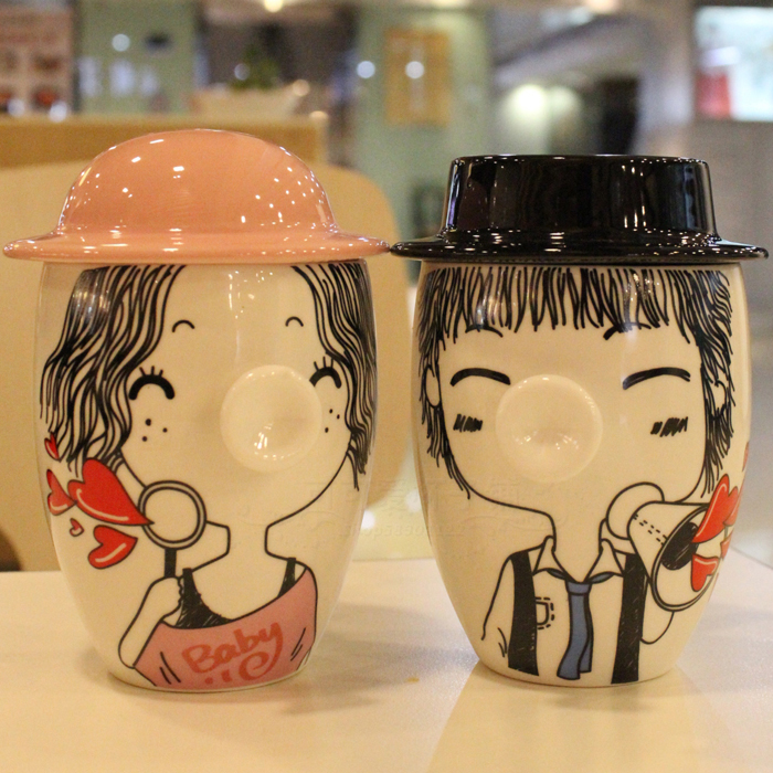 新品 创意陶瓷杯子 嘟嘟对吻卡通水杯 情侣杯对杯带盖水杯 礼品杯