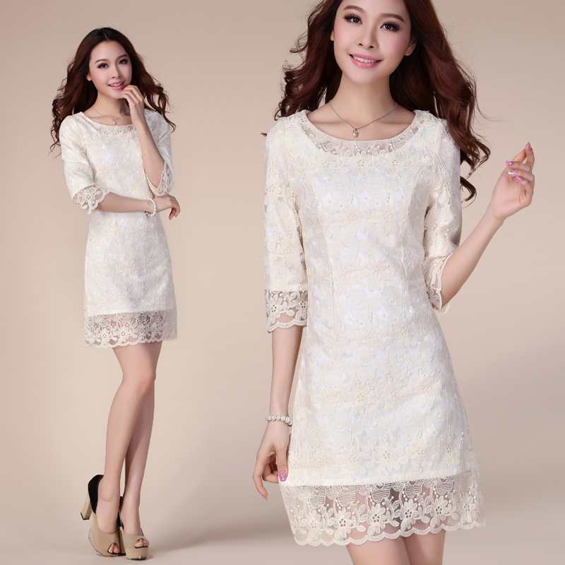 2014新款白色蕾丝连衣裙女短袖韩版圆领蕾丝裙大码中袖连衣裙修身