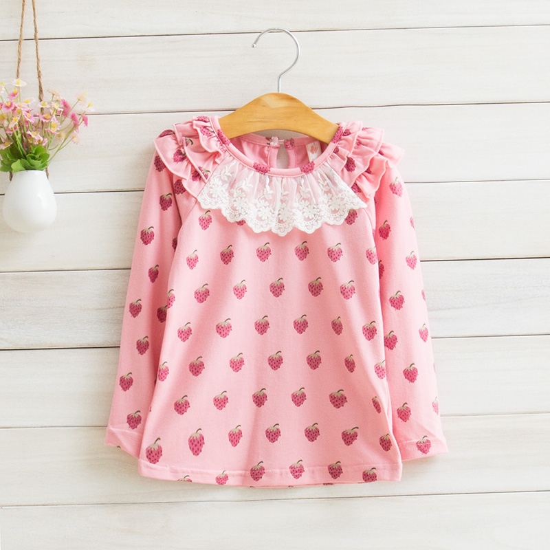 品牌童装2015儿童宝宝女童装秋装新款 蕾丝花边长袖草莓纯棉上衣