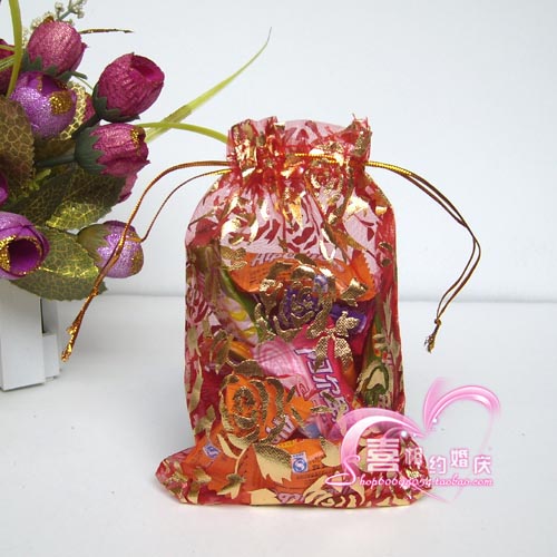 婚庆用品 红色烫金玫瑰图案纱袋喜糖袋(小号)中号大号喜糖盒糖袋