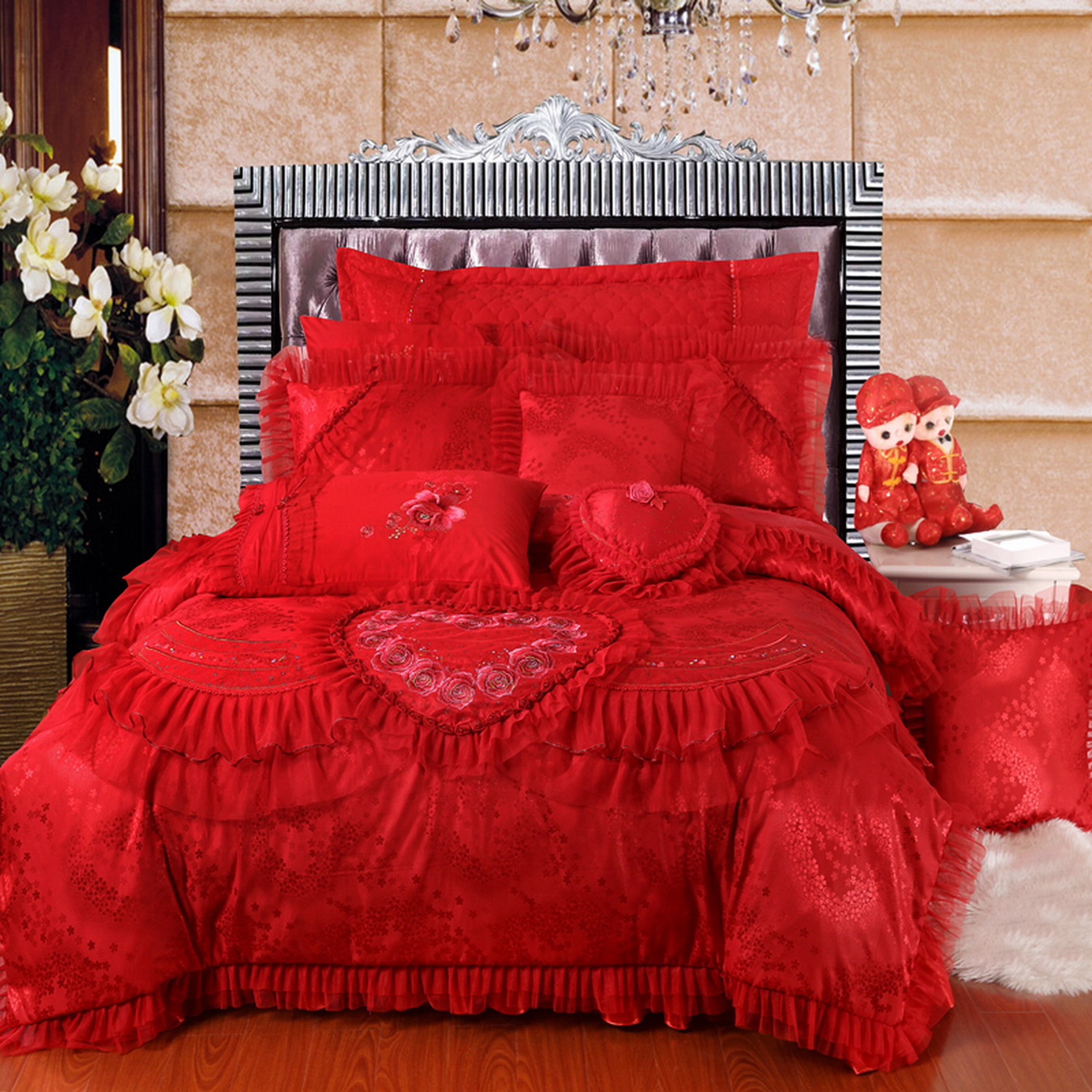 心心相印大红刺绣蕾丝花边婚庆床上用品四件套，专柜品质特价包邮