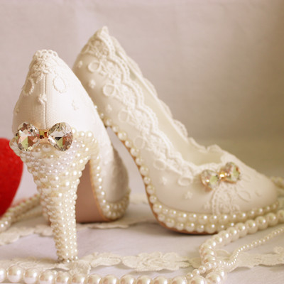 2015春秋新娘白色手工鞋水晶蕾丝蝴蝶结婚鞋珍珠水钻公主女单鞋
