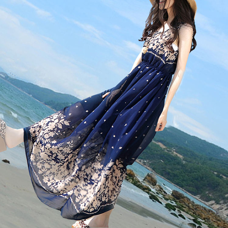 夏季新款韩版时尚波西米亚沙滩裙长裙气质修身碎花无袖雪纺连衣裙