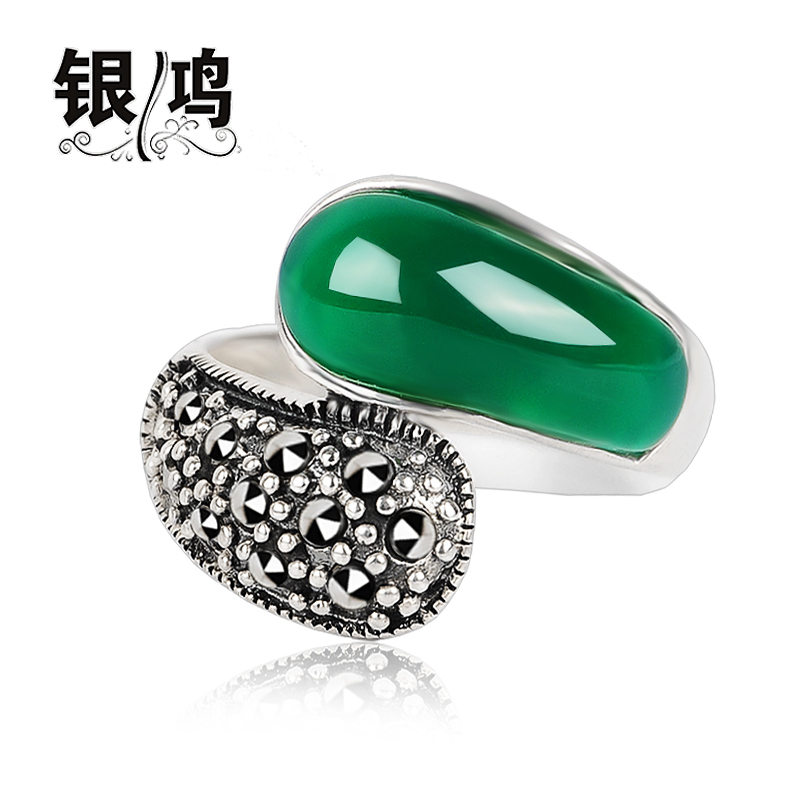 银鸿925银首饰品天然红绿玛瑙个性时尚戒指 泰银复古女食指指环