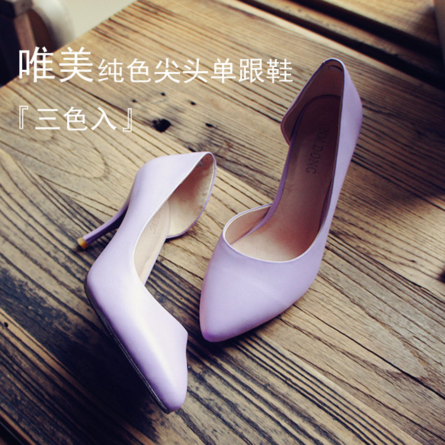 新款芭比粉单跟鞋粉色细高跟鞋香芋紫米白色头层牛皮尖头鞋促销