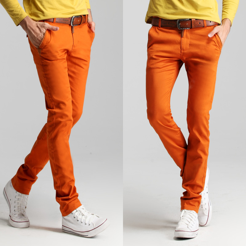 2016春季新品 个性彩色男士铅笔裤 男裤子 男士修身休闲裤 橙色