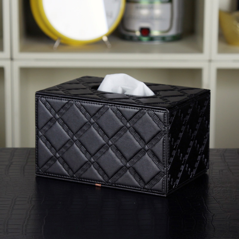 品地黑白两色简约素雅风格热卖羊皮纹格子纹长方形中号纸巾盒