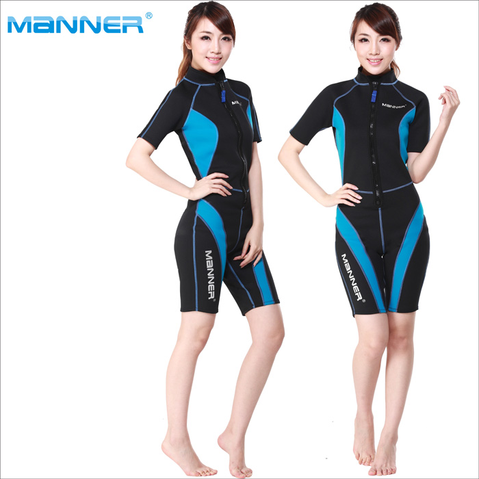 Manner女士1.5mm短袖湿式潜水衣连体 长 浮潜服 防晒冲浪衣 装备
