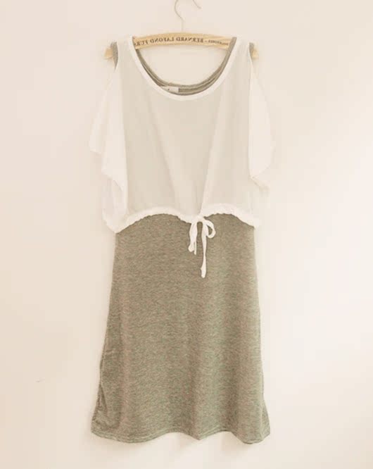 2013夏女装韩版简洁白色坎肩两件套露肩雪纺连衣裙
