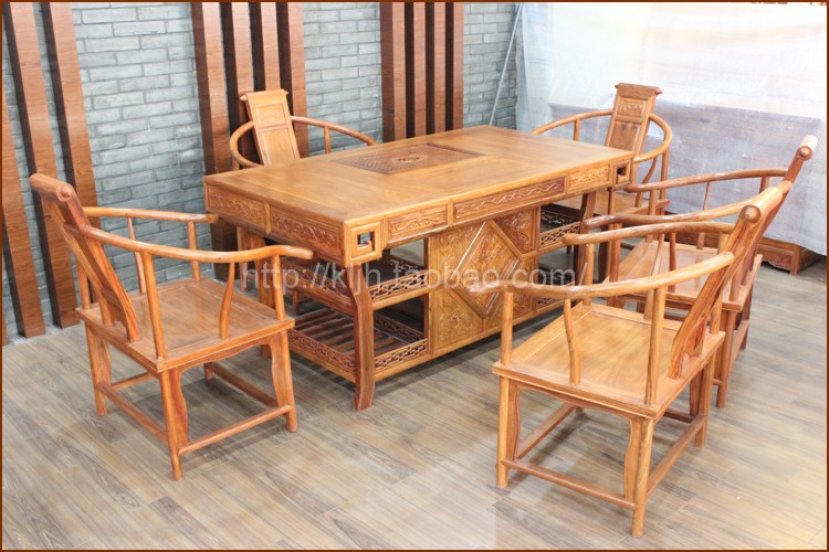 实木红木茶桌茶台仿古中式家具非洲花梨木茶桌椅组合餐桌两用