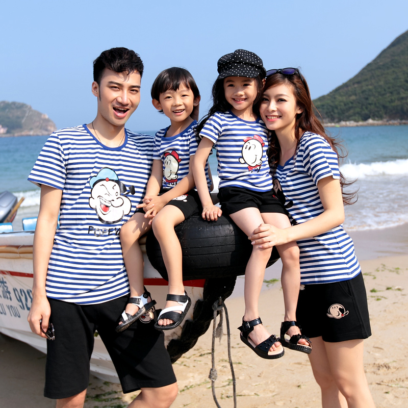 2014夏款全家亲子大力水手条纹T恤短裤亲子母女装一家三口家庭装