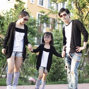 男女小孩 假两件 长袖春款 亲子家庭装时尚休闲运动服 黑白色Y019