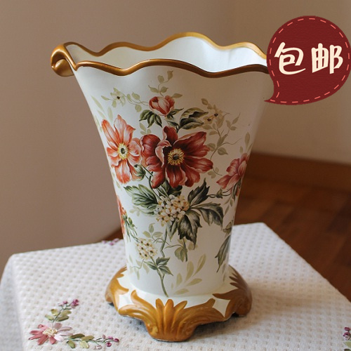 欧式手绘田园双耳红色蔷薇花 敞口陶瓷花瓶 摆放花器花插