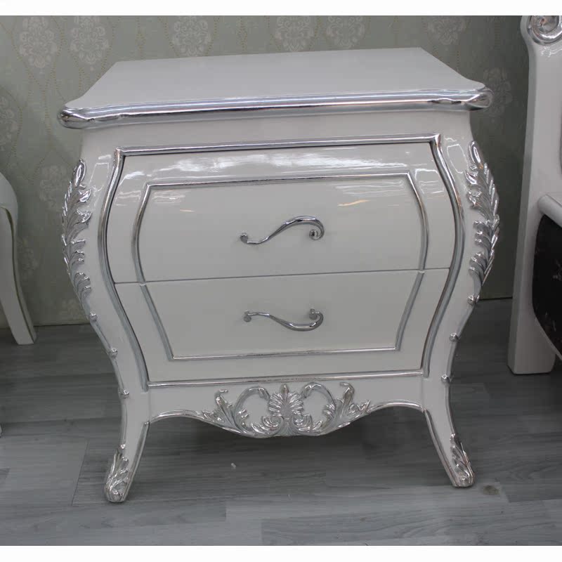 欧式实木床头柜  白色烤漆贴银箔家具 简约新古典高档卧室家具