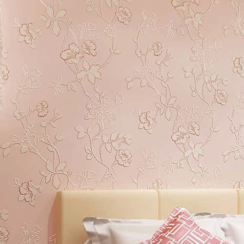 电视背景壁纸米黄 天然植物纤维环保无纺布 卧室客厅嫩粉色墙纸3D