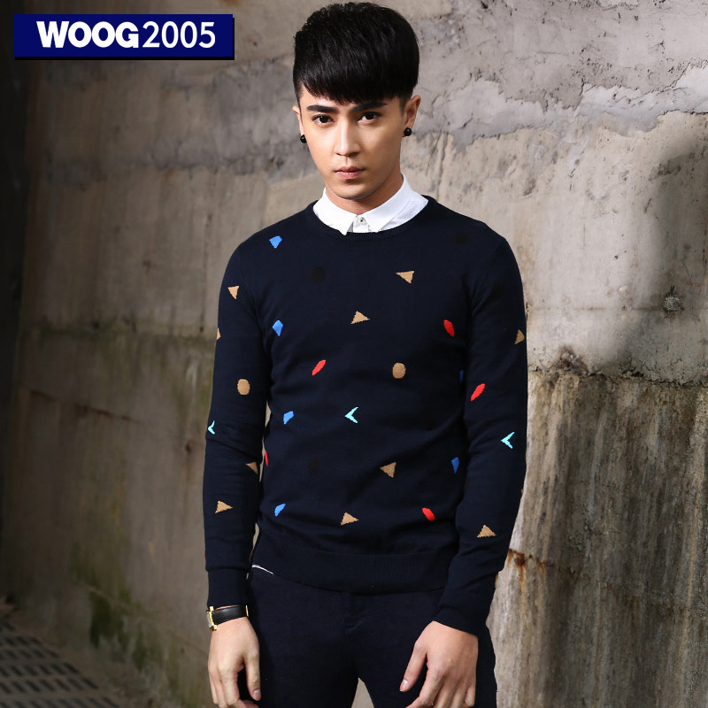 WOOG2005蓝色男士圆领毛衣2015秋季韩版修身套头纯棉圆点针织衫男