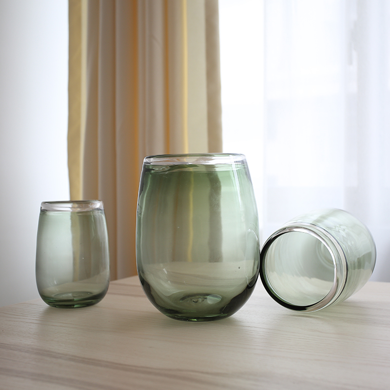 现代简约加厚玻璃花瓶收口水培绿萝办公室客厅松绿色插花花器