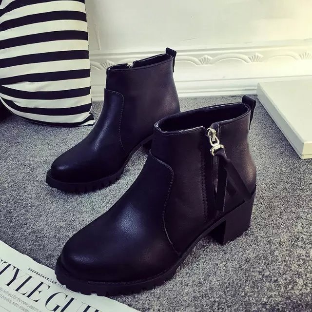 2015秋冬新款女靴中跟女短靴粗跟英伦风侧拉链马丁靴圆头靴子