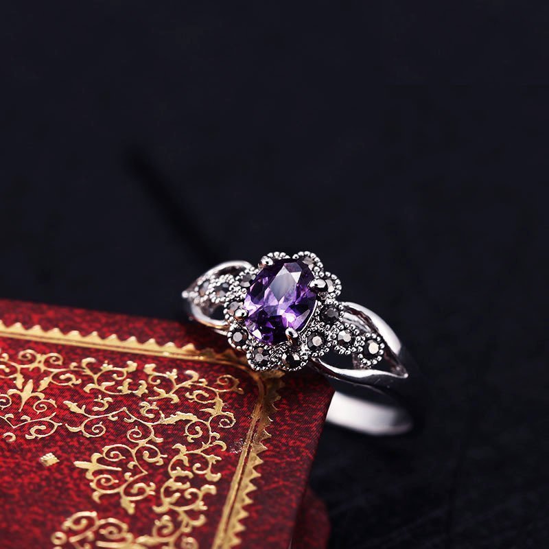 韩版复古流行时尚红紫黑宝石水晶镂空花朵戒指女装饰指环食指百搭