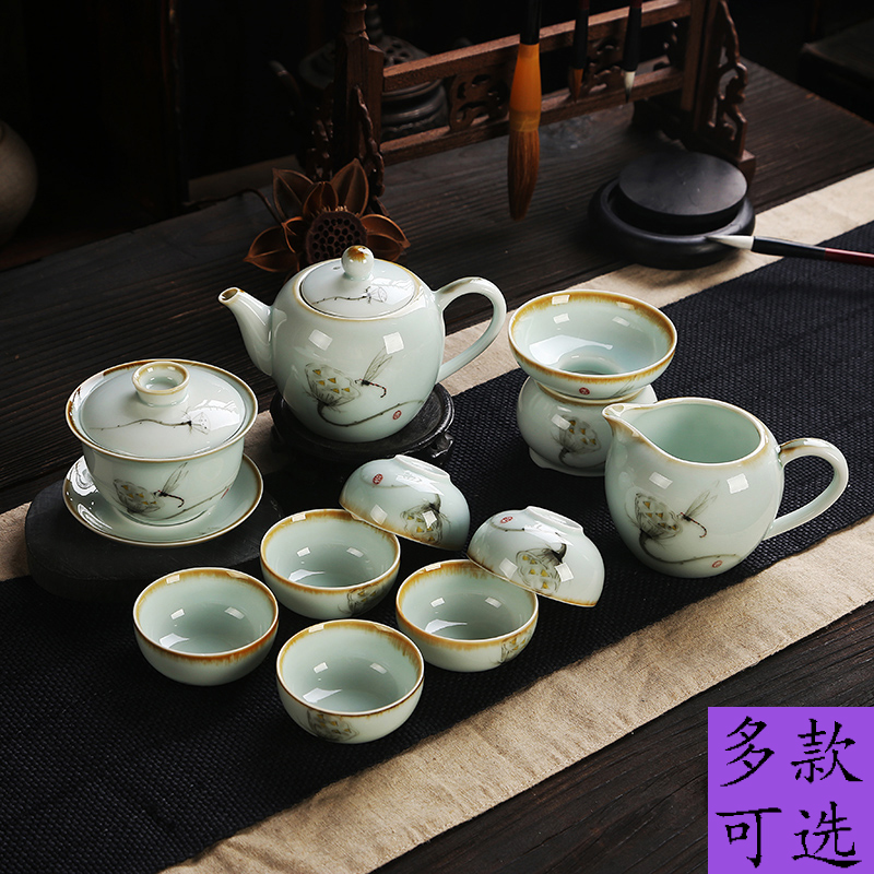龙泉青瓷手绘功夫茶具套装特价 青花瓷盖碗茶壶茶杯整套陶瓷茶具