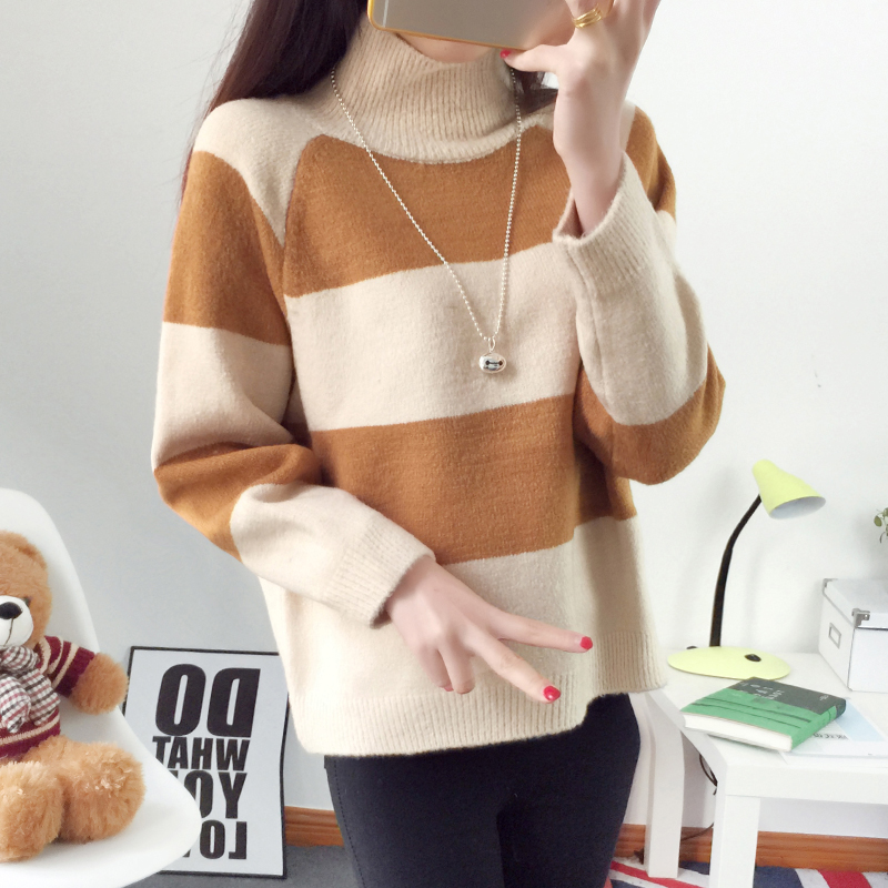 冬季新款2015条纹毛衣高领套头女学生显瘦韩版气质长袖短款针织衫