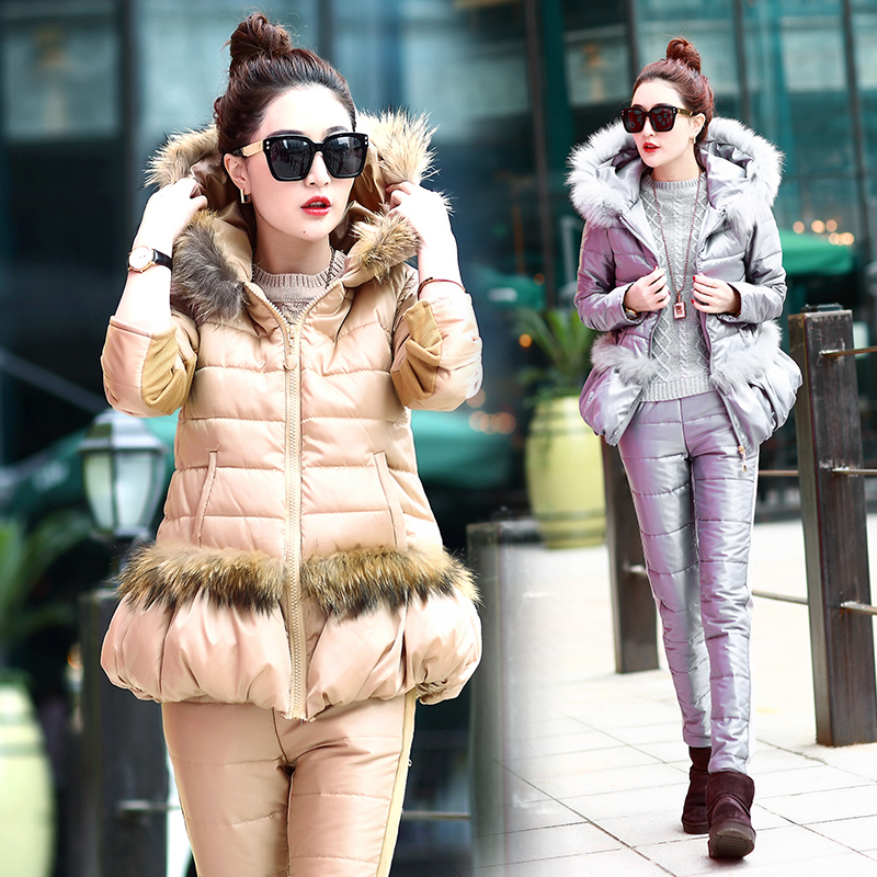 2015冬装新款女装真毛羽绒棉服休闲运动短款韩版修身加厚时尚套装