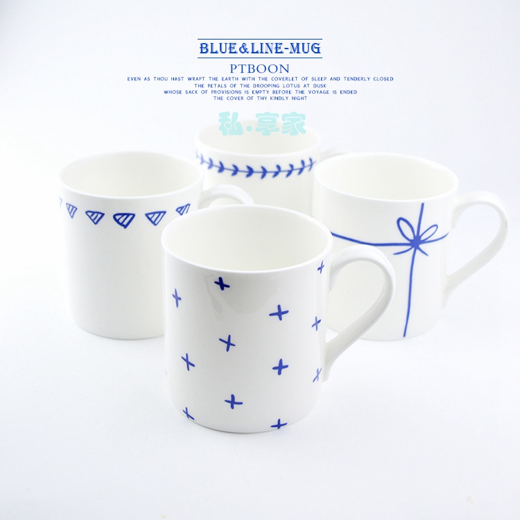 骨瓷马克杯牛奶杯子咖啡杯喝水杯早餐杯日式田园蓝色手绘星星三角