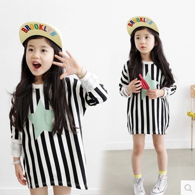 童装韩版时尚女童秋季条纹星星中长款长袖T恤 宝宝儿童卫衣上衣