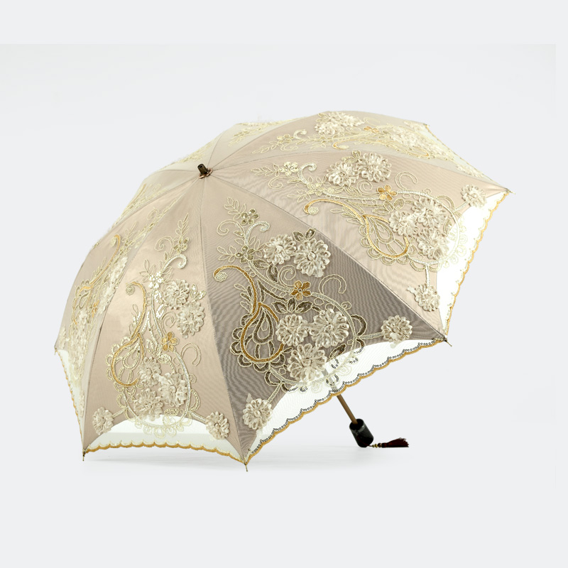 蕾丝二折伞太阳伞 金色伞骨整面手工刺绣 超强防晒防紫外线遮阳伞