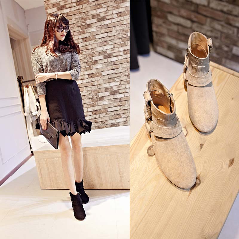 2015秋季韩版新款 女 纯色圆头平跟磨砂短靴