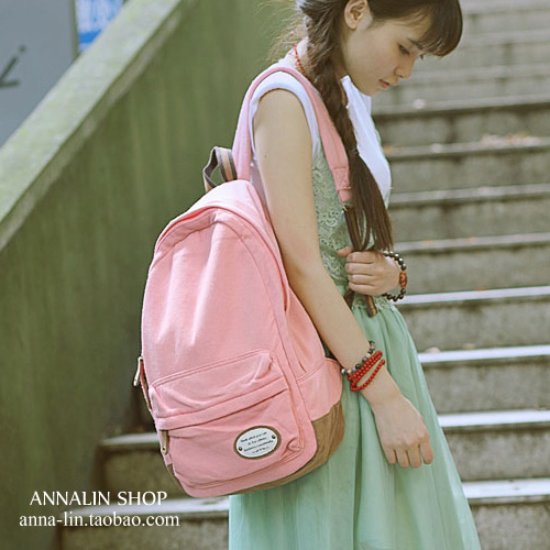 anna.lin新款日系双肩包针织棉双肩包背包书包女款包包 粉色背包